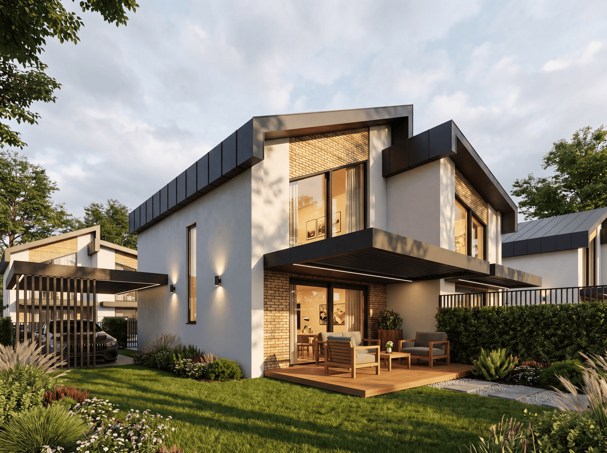 Twinhouse з похилою покрівлею — кутовий ракурс із навісом для авто